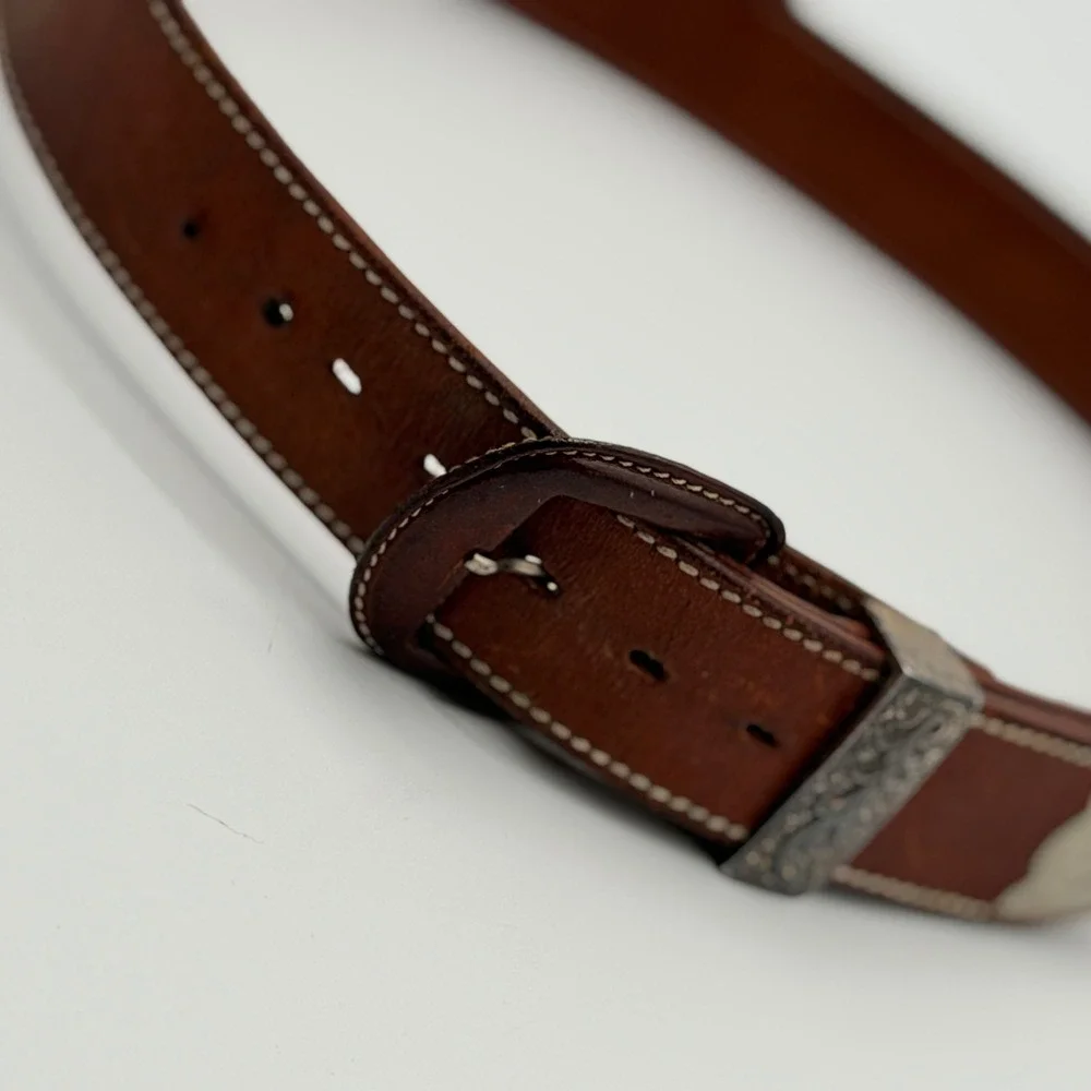 Vintage Hugo Boss Brown Leather Western Ranger Belt Silver Engraved Hardware 85
